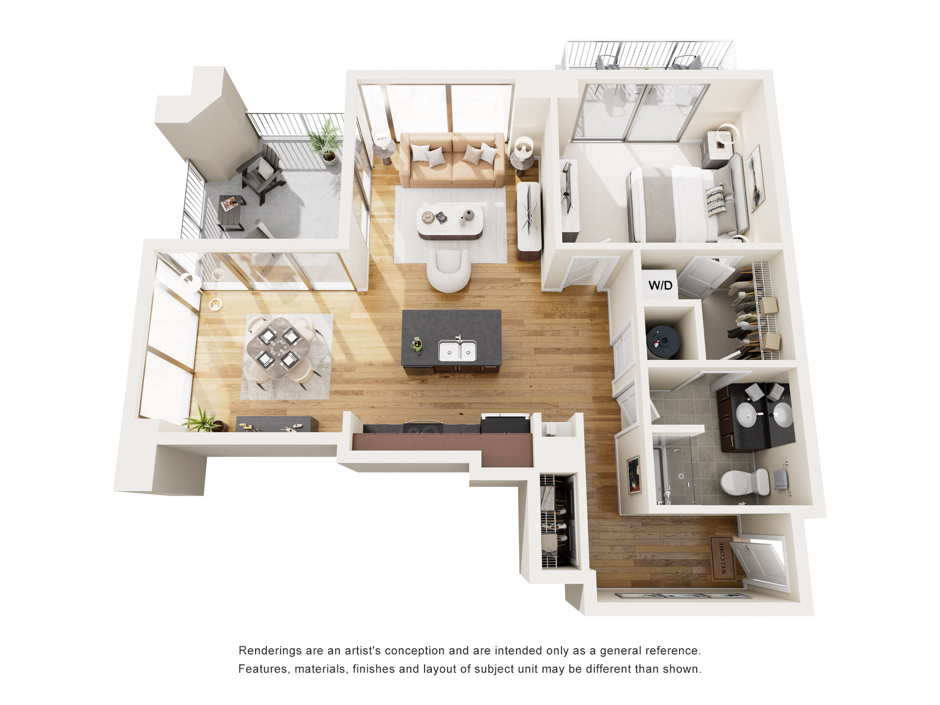 Floor plan for 1 bed, 1 bath, 857 sqft